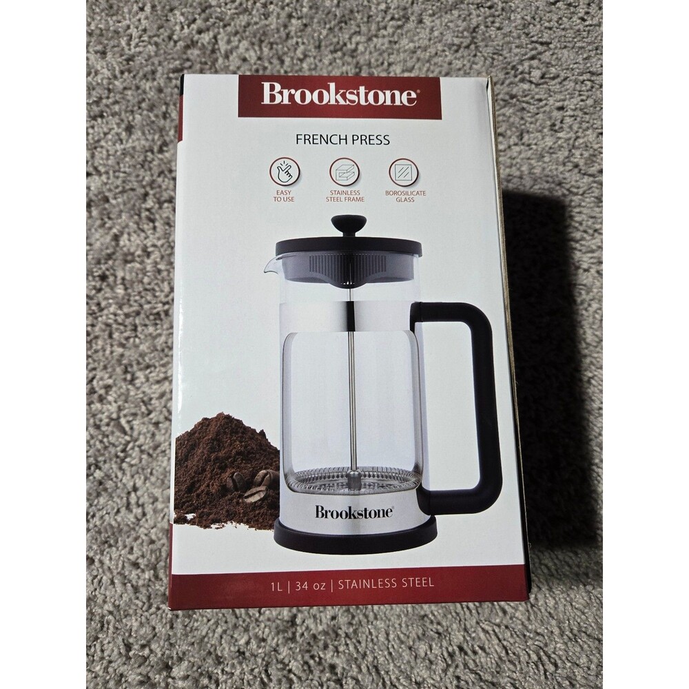 NIB Brookstone French Press Stainless Steel Black 1 Liter Borosilicate Glass